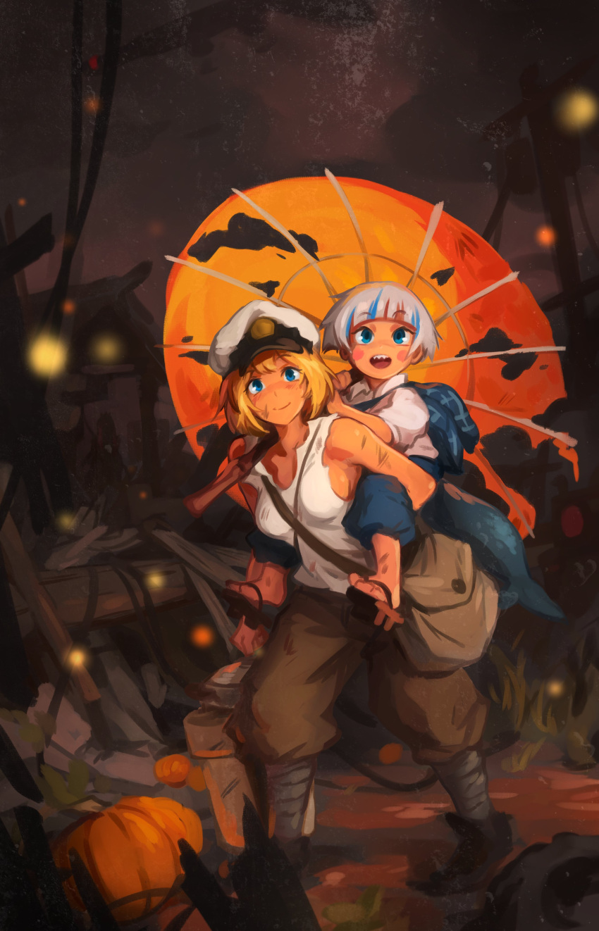 2girls absurdres bag blonde_hair blue_hair blush_stickers boots breasts bucket carrying cosplay crossover english_commentary fins fireflies fish_tail gawr_gura grey_hair halloween halloween_costume hat highres hololive hololive_english hotaru_no_haka khyle. medium_breasts military_hat multicolored_hair multiple_girls night oil-paper_umbrella open_mouth outdoors pants parody piggyback pumpkin sandals seita_(hotaru_no_haka) setsuko_(hotaru_no_haka) shark_tail shirt smile streaked_hair tail torn_umbrella umbrella virtual_youtuber watson_amelia white_shirt