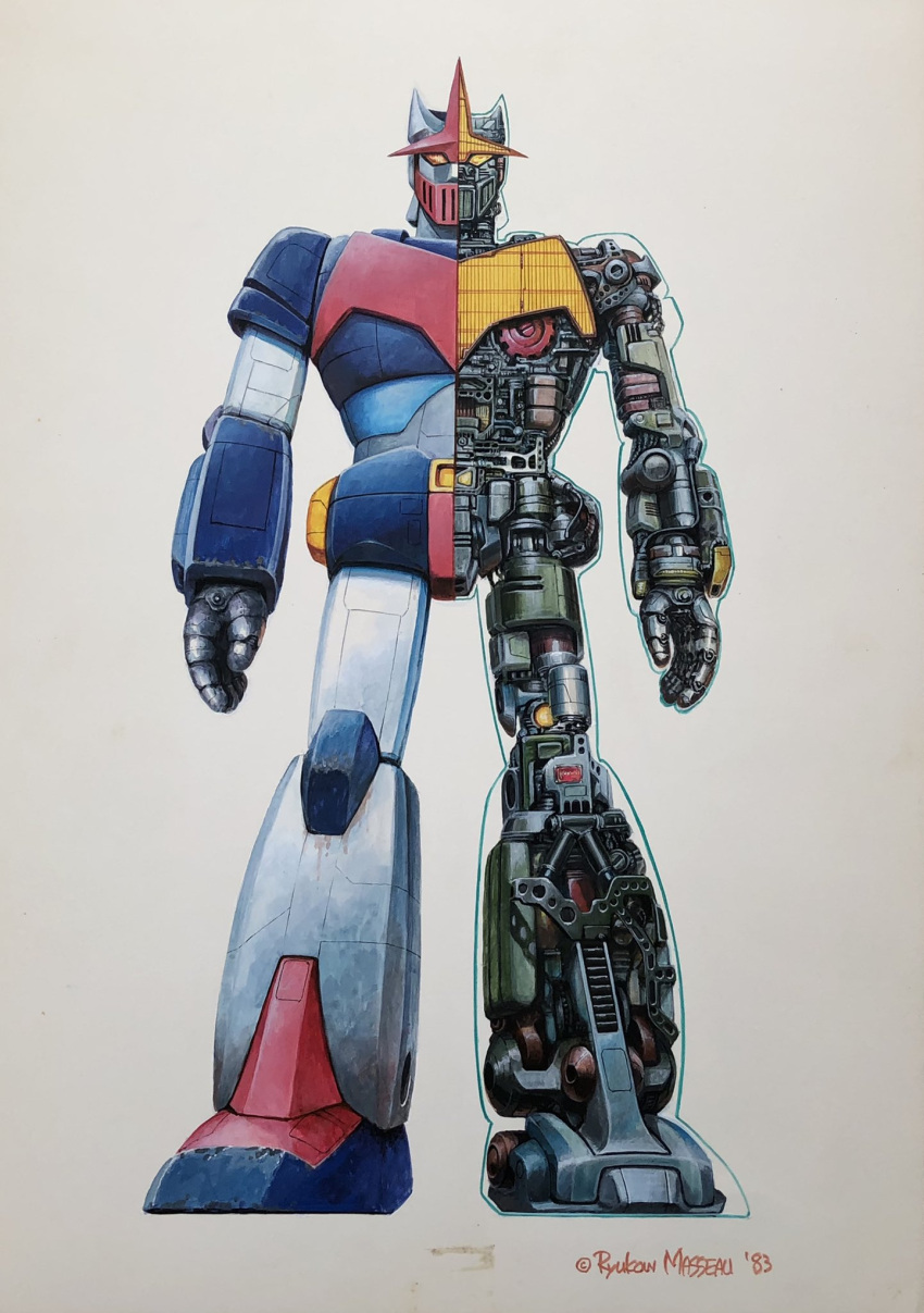 1983 govarian highres looking_at_viewer mecha no_humans official_art open_hands psycho_armor_govarian robot ryukow_masseau signature solo straight-on super_robot white_background x-ray yellow_eyes