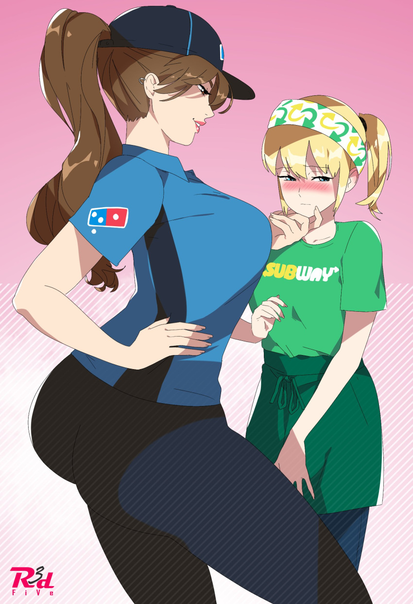 2girls bad_id bad_twitter_id blonde_hair breasts brown_hair collared_shirt domino's_pizza employee_uniform from_side grabbing_another's_chin hairband hand_on_another's_chin highres large_breasts long_hair looking_away multiple_girls pants ponytail r3dfive shirt short_hair smile standing striped subway_(company) t-shirt uniform yuri