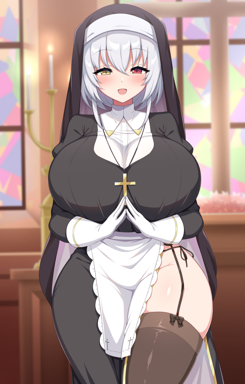 aikome_(haikome) alicia_renato_(yashiro_sousaku) black_bow black_dress black_headwear black_thighhighs blush borrowed_character bow bow_legwear breasts candelabra candlestand church cropped_legs cross cross_necklace curvy dress female garter_straps gloves grey_hair habit hair_between_eyes heterochromia highres huge_breasts indoors jewelry long_sleeves necklace nun open_mouth original plump red_eyes short_hair side_slit smile solo stained_glass thick_thighs thighhighs thighs white_gloves yellow_eyes