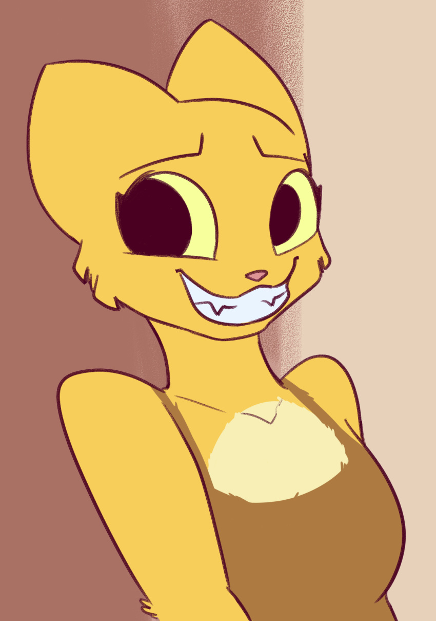 anthro arm_tuft cheek_tuft elbow_tuft facial_tuft felid female fur goattrain grin half-length_portrait hi_res katia_managan khajiit mammal microsoft pink_nose portrait prequel_adventure simple_background smile solo the_elder_scrolls tuft yellow_body yellow_fur yellow_sclera