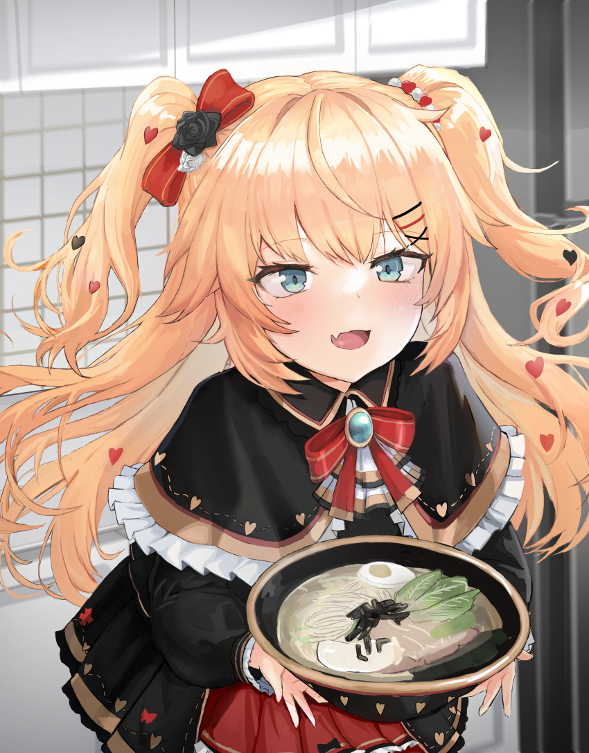 absurdres akai_haato akai_haato_(gothic_lolita) black_dress blonde_hair blue_eyes blush bowl breasts bug commentary_request cooking dress egg_(food) eyes_visible_through_hair female food gothic_lolita hair_ornament heart heart_hair_ornament highres hololive korean_commentary large_breasts lolita_fashion long_hair looking_at_viewer min-tami noodles oerba_yun_fang official_alternate_hairstyle open_mouth red_skirt skin_fang skirt smile spider tarantula twintails two_side_up virtual_youtuber x_hair_ornament