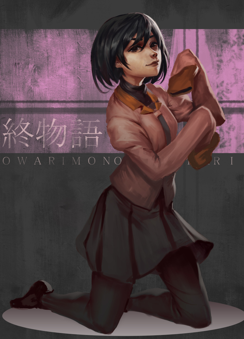 absurdres black_background black_eyes black_hair black_neckwear black_pantyhose black_skirt black_undershirt bob_cut breasts copyright_name dress_shirt female hair_between_eyes hands_up highres josh_corpuz kneeling light_smile lips long_sleeves looking_at_viewer monogatari_(series) naoetsu_high_school_uniform oshino_ougi owarimonogatari pantyhose pink_shirt puffy_sleeves purple_background school_uniform shirt short_hair skirt sleeves_past_fingers sleeves_past_wrists small_breasts solo texture thick_eyebrows translated turtleneck