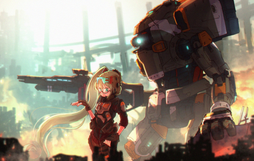 .live 1other assault_visor bad_id bad_pixiv_id black_gloves blonde_hair blue_eyes bt-7274 cannon commentary_request cosplay crossover eyewear_on_head female fingerless_gloves floating_hair glasses gloves glowing glowing_eye gun head-mounted_display highres holding holding_cannon holding_gun holding_weapon jack_cooper jack_cooper_(cosplay) kagura_suzu_(.live) long_hair machinery mecha one-eyed open_mouth robot ruru_ashihara science_fiction side_ponytail titan_(titanfall) titanfall_(series) titanfall_2 very_long_hair virtual_youtuber weapon xo_chaingun