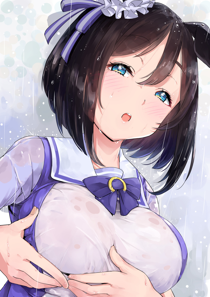 :o absurdres animal_ears black_hair blue_eyes blush bob_cut bra bra_visible_through_clothes breast_lift breasts ear_ornament ear_ribbon eishin_flash_(umamusume) female from_below grabbing_own_breast hair_between_eyes highres horse_ears horse_girl horseshoe_ornament kntrs_(knyrs) large_breasts looking_at_viewer medium_hair open_mouth rain school_uniform scrunchie see-through shirt simple_background solo swept_bangs tareme tracen_school_uniform umamusume underwear upper_body wet wet_clothes wet_shirt white_scrunchie