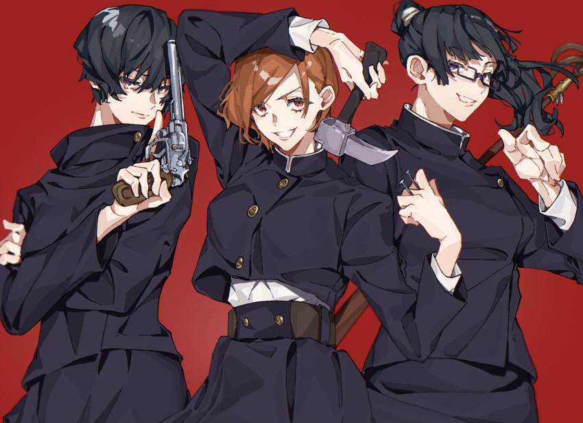 3girls arm_up black_hair black_jacket black_skirt brown_eyes brown_hair claw_hammer cowboy_shot crossed_arms gakuran glasses grin gun hair_between_eyes hammer handgun high-waist_skirt high_collar high_ponytail highres holding holding_gun holding_hammer holding_polearm holding_weapon ipopopo_ipoppo jacket jujutsu_kaisen jujutsu_tech_uniform kugisaki_nobara long_hair long_sleeves looking_at_viewer multiple_girls nail polearm purple_eyes red_background revolver school_uniform short_hair simple_background skirt smile standing swept_bangs trigger_discipline weapon zen'in_mai zen'in_maki