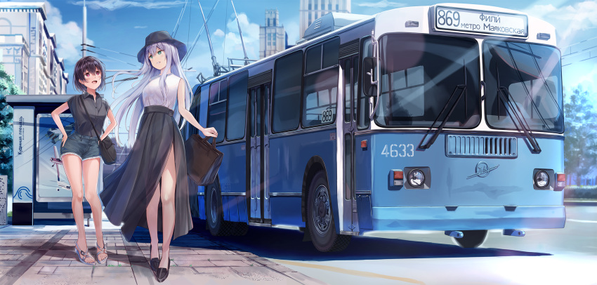 2girls alexandra_viktorovna_dashkova_(tukikagerou) bag black_footwear black_shirt blue_shorts blue_sky brown_hair building bus bus_stop bush cloud commission day green_eyes hat high_heels highres holding holding_bag long_skirt moscow motor_vehicle multiple_girls original outdoors png_pant_(bus) purple_hair red_eyes road russia shadow sharifah_ozdil_(tukikagerou) shirt shorts sidewalk skirt sky standing thighs translated tree trolleybus white_footwear