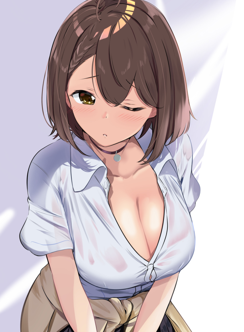 ahoge azur_lane baltimore_(after-school_ace)_(azur_lane) baltimore_(azur_lane) beige_cardigan black_choker black_skirt blush braid breasts brown_hair cardigan cardigan_around_waist choker cleavage clothes_around_waist collarbone collared_shirt commentary_request cowboy_shot female foreshortening french_braid hair_between_eyes highres large_breasts looking_at_viewer mattyazuki official_alternate_costume one_eye_closed parted_lips pleated_skirt school_uniform shirt short_hair short_sleeves sidelocks skirt solo wet wet_clothes wet_shirt white_background white_shirt yellow_eyes