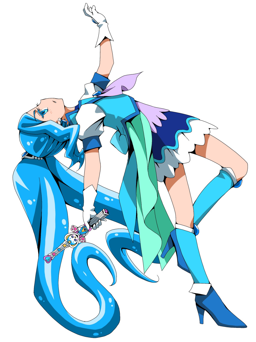 absurdres blue_eyes blue_footwear blue_hair blue_jacket blue_legwear colored_eyelashes cure_fontaine ebura_din female from_side full_body gloves healin'_good_precure healing_wand high_heels highres holding jacket long_hair miniskirt parted_lips pegitan_(precure) precure profile sawaizumi_chiyu short_sleeves simple_background skirt solo split_ponytail twintails very_long_hair white_background white_gloves white_skirt white_sleeves