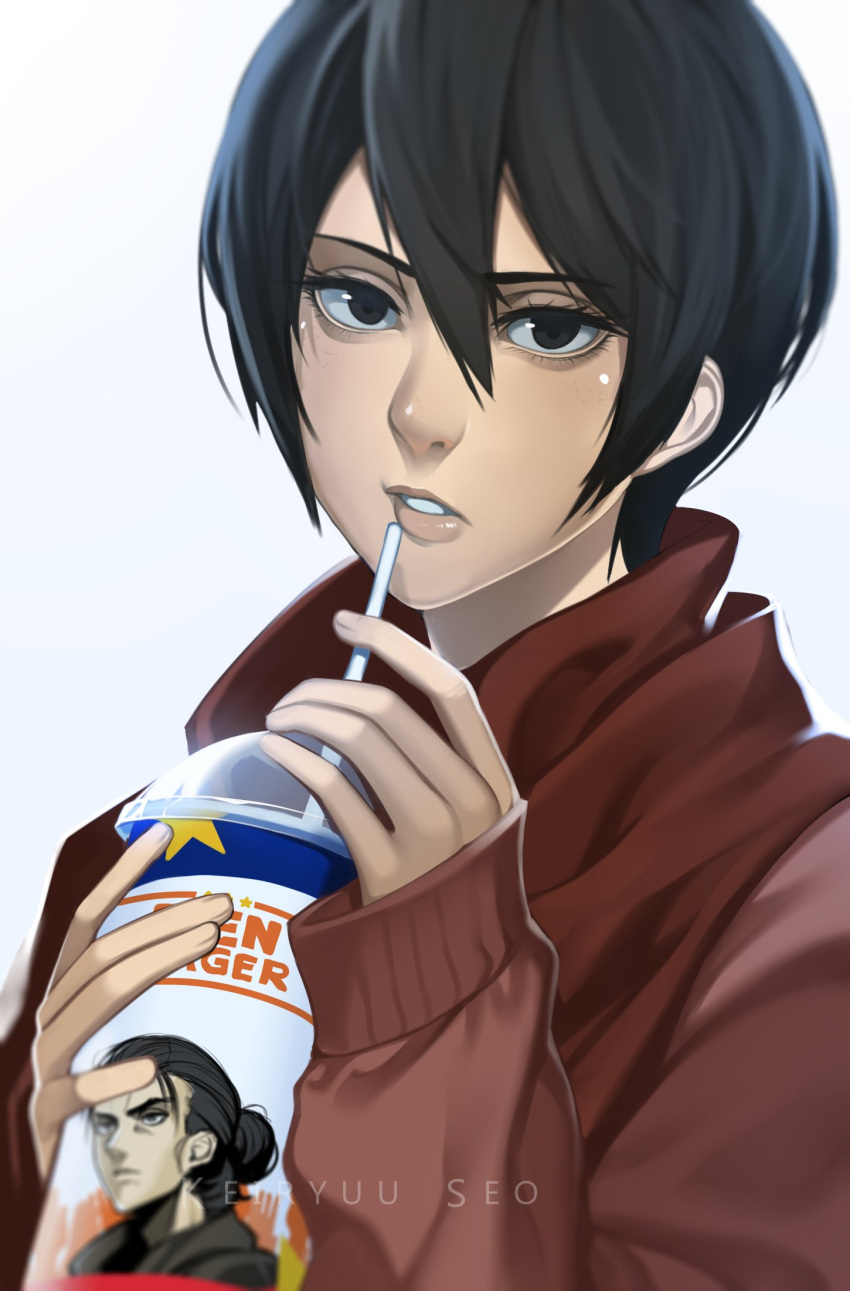 1boy 7-eleven artist_name black_eyes black_hair character_name commentary_request cup drinking_straw eren_yeager female hair_between_eyes hair_bun highres keiryuu_seo long_sleeves looking_at_viewer mikasa_ackerman parody philippines politics shingeki_no_kyojin single_hair_bun star_(symbol) tagalog_commentary