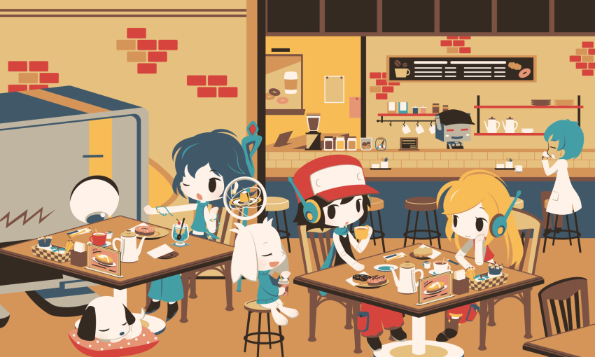 2boys 3girls :> android balrog_(doukutsu_monogatari) black_hair blonde_hair cafe canine cobalta coffee_mug colored_skin crop_top cup curly_brace disposable_coffee_cup disposable_cup doughnut doukutsu_monogatari food hat highres holding holding_cup indoors long_hair looking_at_another malco misery_(doukutsu_monogatari) mug multiple_boys multiple_girls open_mouth parted_lips plate quote_(doukutsu_monogatari) red_headwear red_tank_top robot sakamoto_kazuma sakamoto_sue short_hair smile table tank_top teapot white_skin