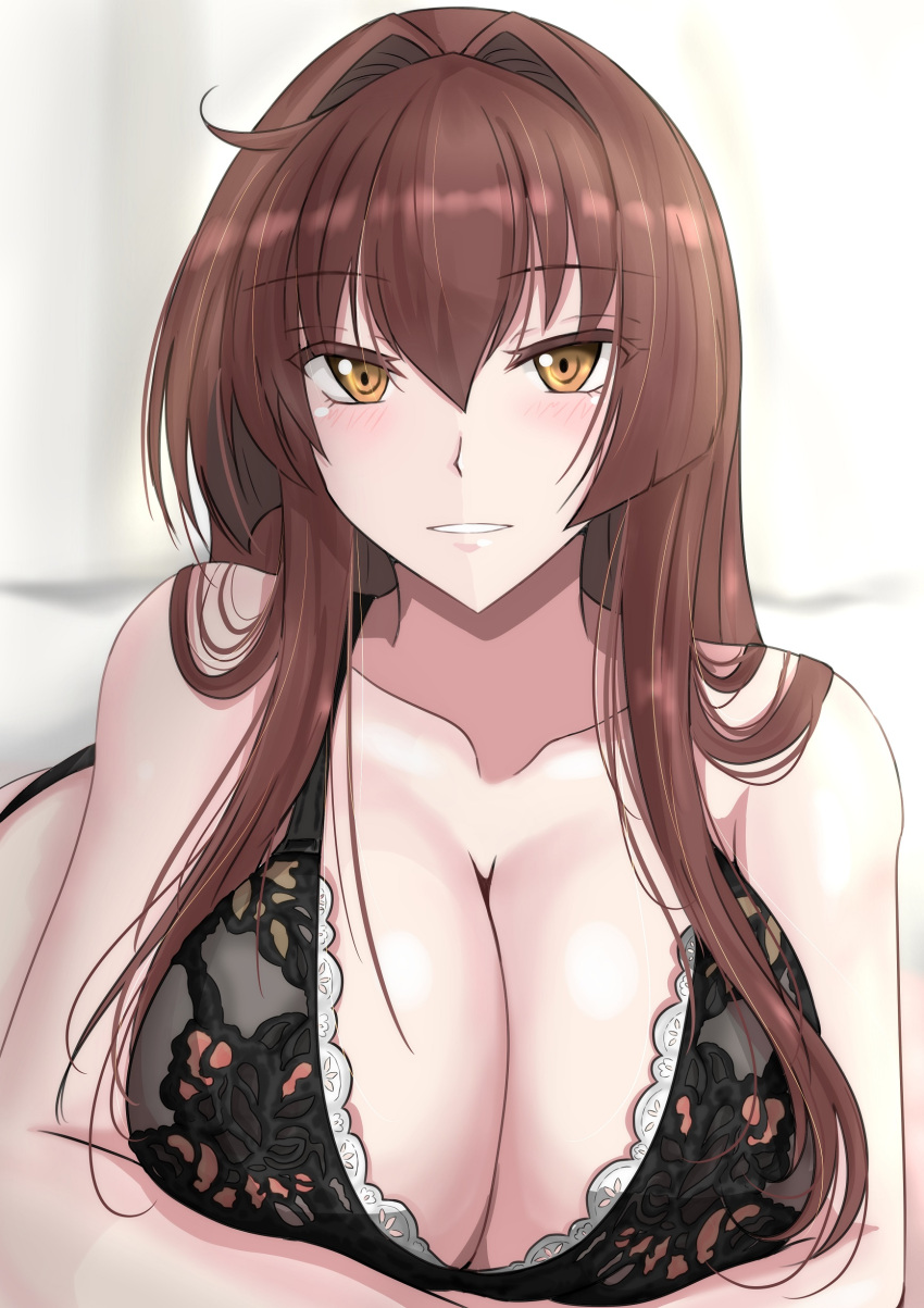 absurdres black_bra blush bra breasts brown_hair cleavage collarbone commentary_request crossed_arms female hair_down highres kantai_collection ken_(shutenndouji1) large_breasts long_hair looking_at_viewer smile solo underwear upper_body yamato_(kancolle) yellow_eyes