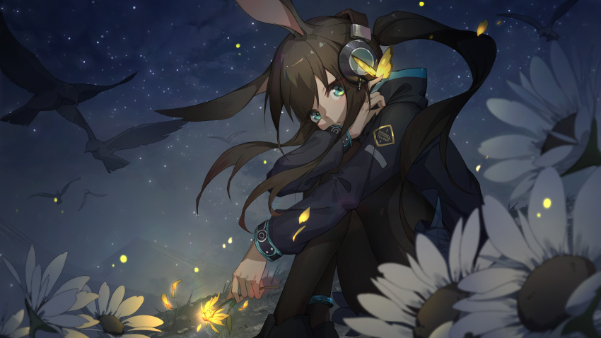 amiya_(arknights) animal_ears anklet arknights bird black_footwear black_jacket black_pantyhose blue_skirt bug butterfly butterfly_on_hand feet_out_of_frame female flower from_side glowing_butterfly glowing_flower green_eyes headphones highres holding holding_flower hood hood_down hooded_jacket jacket jewelry knees_up long_hair long_sleeves looking_at_viewer looking_to_the_side miniskirt mountainous_horizon night outdoors pantyhose parted_lips petals ponytail rabbit_ears sidelocks sitting skirt sky solo star_(sky) starry_sky very_long_hair white_flower xiaoxiao_nanjue_buyaokeng yellow_flower