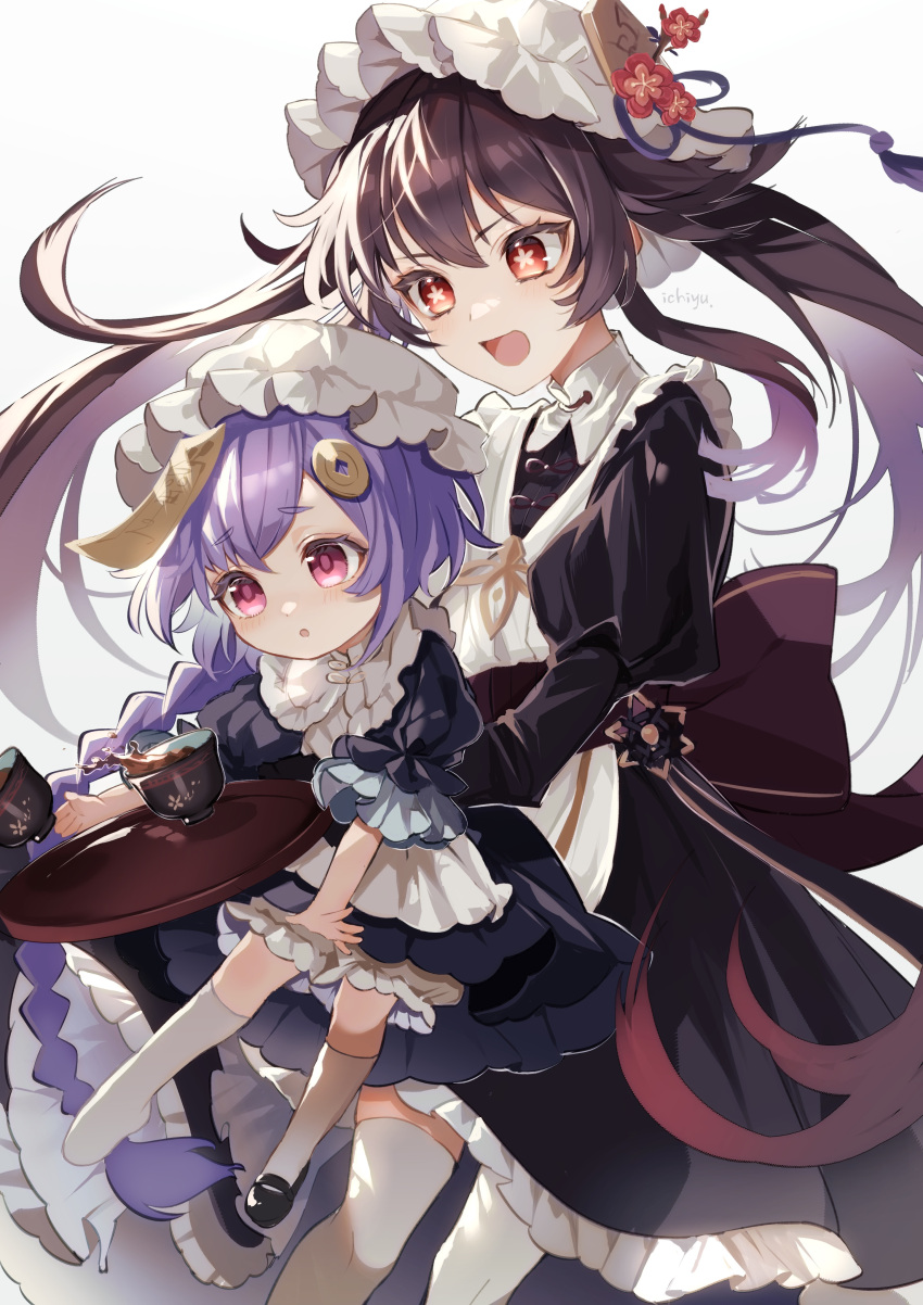 2girls :d :o absurdres apron artist_name black_footwear bow braid breasts brown_hair coin_hair_ornament cup dress flower frills genshin_impact hair_ornament hat_ornament highres hu_tao_(genshin_impact) ichiyume_ichiyu jewelry jiangshi long_hair long_sleeves maid maid_apron maid_headdress mary_janes medium_breasts multiple_girls ofuda open_mouth picking_up puffy_sleeves purple_eyes purple_hair qiqi_(genshin_impact) red_eyes red_flower shoes simple_background single_shoe smile spilling symbol-shaped_pupils thighhighs tray twintails white_background white_legwear