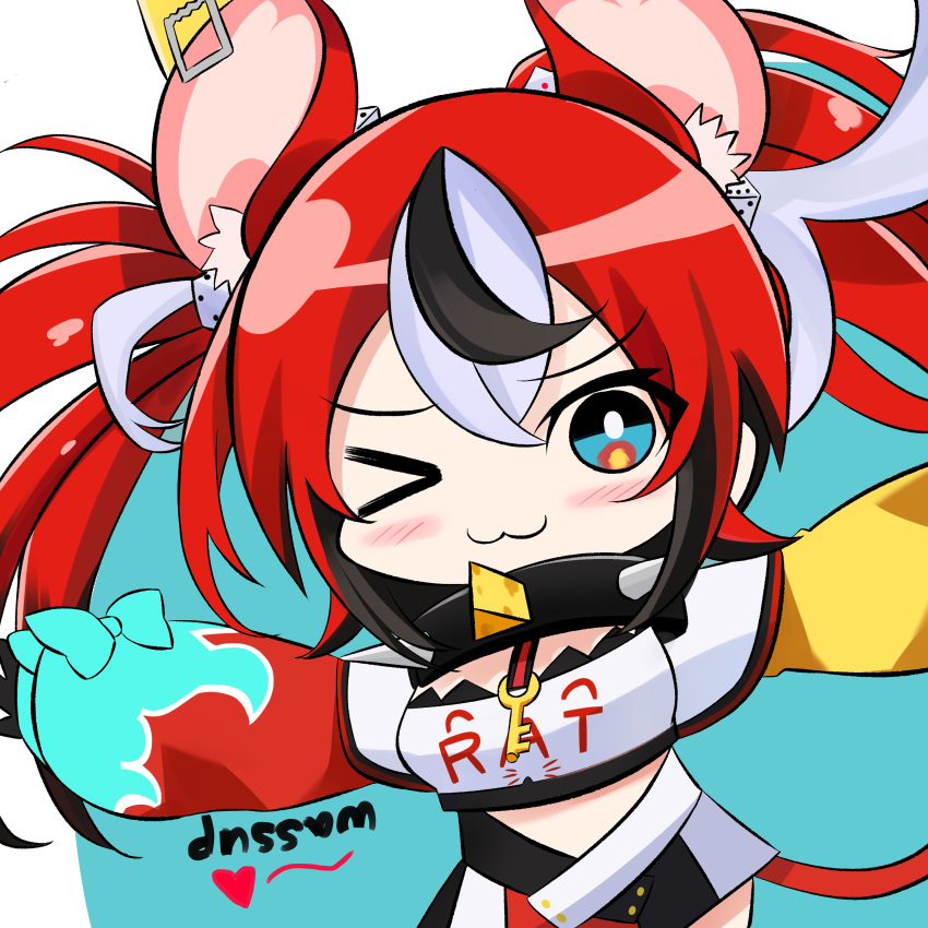 >_o ;3 absurdres animal_ear_fluff animal_ears arms_up asymmetrical_sleeves black_hair blue_eyes cheese chibi collar crop_top dice_hair_ornament ear_piercing female fire flame_print food hair_between_eyes hair_ornament hakos_baelz hakos_baelz_(1st_costume) heart highres hiroikara_(smhong04) hololive hololive_english jewelry key key_necklace medium_hair mouse_ears mouse_girl mouse_tail multicolored_eyes multicolored_hair necklace one_eye_closed piercing puffy_sleeves red_hair short_twintails sidelocks simple_background solo spiked_collar spikes streaked_hair swiss_cheese tail twintails two-tone_background virtual_youtuber white_hair