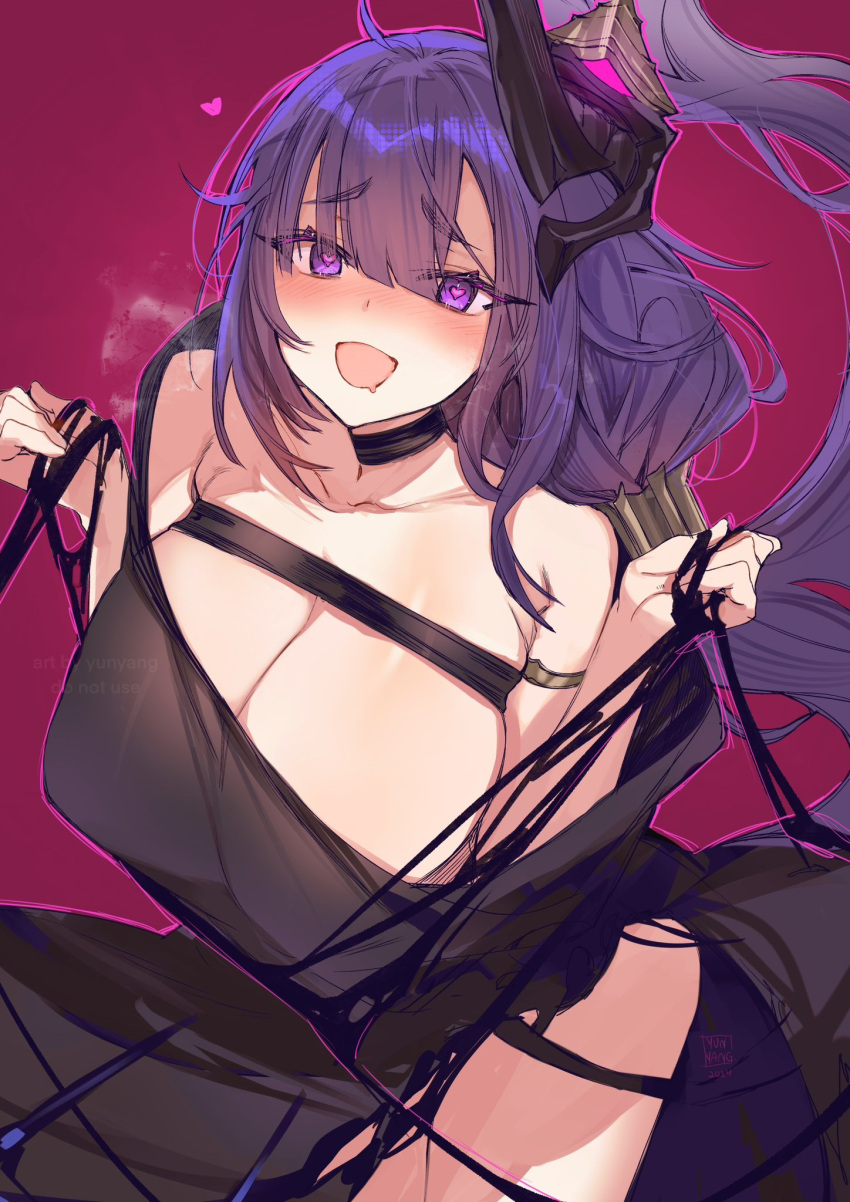 ahoge azur_lane black_choker breast_strap breasts choker drooling female hair_over_one_eye heart heart-shaped_pupils heavy_breathing highres large_breasts mogador_(azur_lane) mouth_drool official_alternate_costume pink_background purple_eyes purple_hair simple_background solo symbol-shaped_pupils yun-yang