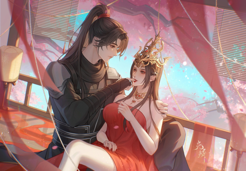 1boy absurdres bare_shoulders brown_hair cai_lin_(doupo_cangqiong) cherry_blossoms couple doupo_cangqiong dress falling_petals female finger_in_another's_mouth hand_on_another's_shoulder highres jewelry long_hair necklace petals pointy_ears ponytail railing red_dress second-party_source shoulder_guard upper_body xiao_yan_(doupo_cangqiong) zuotian_ye_y