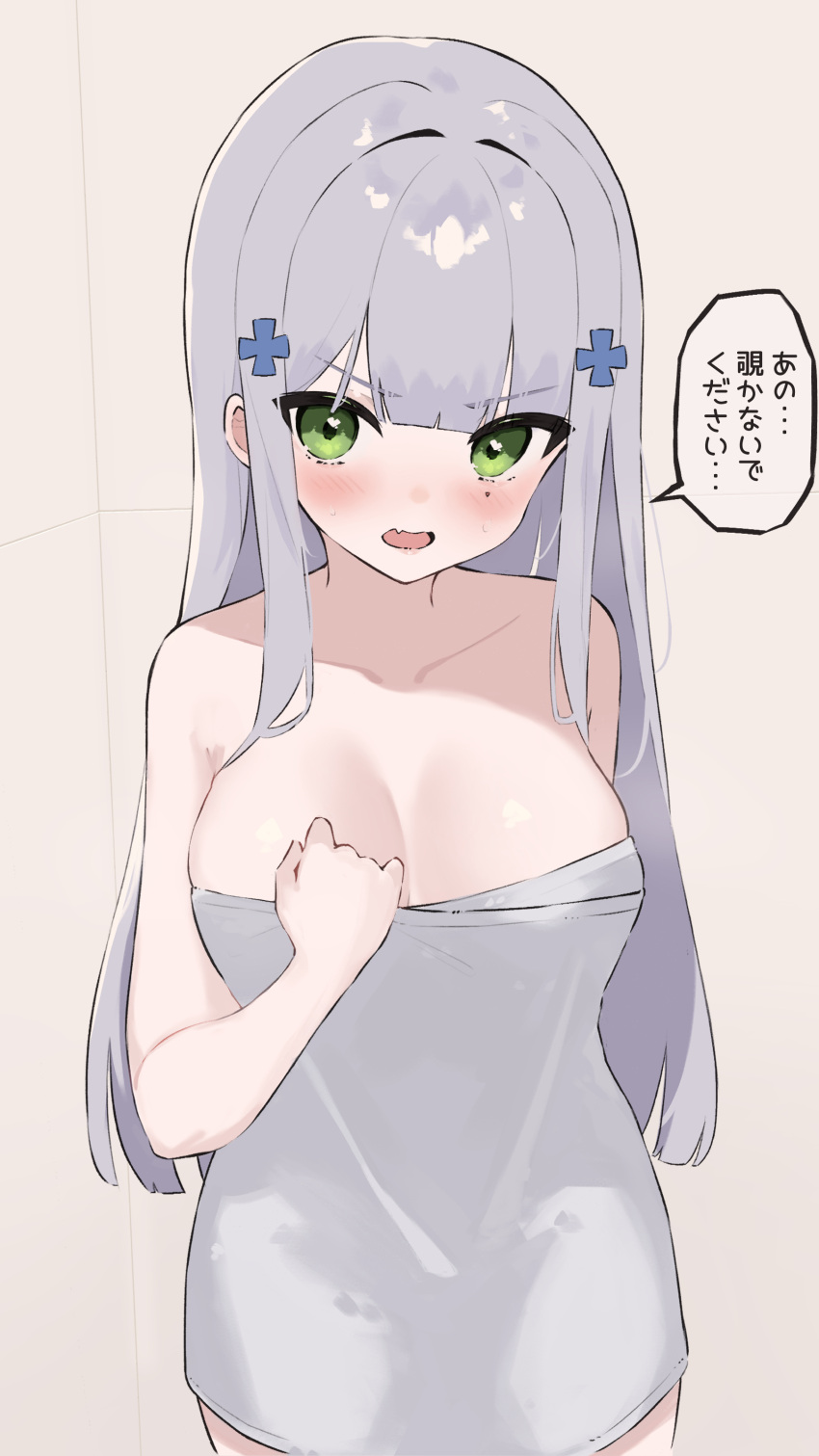 absurdres arm_behind_back bare_shoulders blunt_bangs blush breasts collarbone cowboy_shot cross_hair_ornament female girls'_frontline green_eyes hair_ornament hiepita97 highres hk416_(girls'_frontline) large_breasts long_hair looking_at_viewer mole mole_under_eye naked_towel open_mouth sidelocks solo straight_hair towel v-shaped_eyebrows