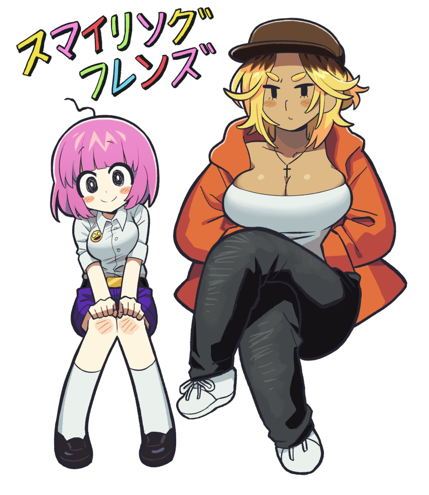 2girls ahoge animification belt black_eyes black_footwear black_outline black_pants blonde_hair blush_stickers breasts bright_pupils brown_hair brown_hat charlie_dompler cleavage closed_mouth collarbone collared_shirt copyright_name cross cross_necklace dark-skinned_female dark_skin english_commentary expressionless genderswap_(mtf) hat highres humanization jacket jewelry large_breasts looking_at_viewer medium_breasts mob_face multicolored_hair multiple_girls necklace orange_jacket outline pants pim_pimling pink_hair purple_shorts rule_63 satanmanse shirt shorts simple_background smile smiley_face smiling_friends thick_eyebrows thighhighs white_background white_footwear white_pupils white_shirt white_thighhighs