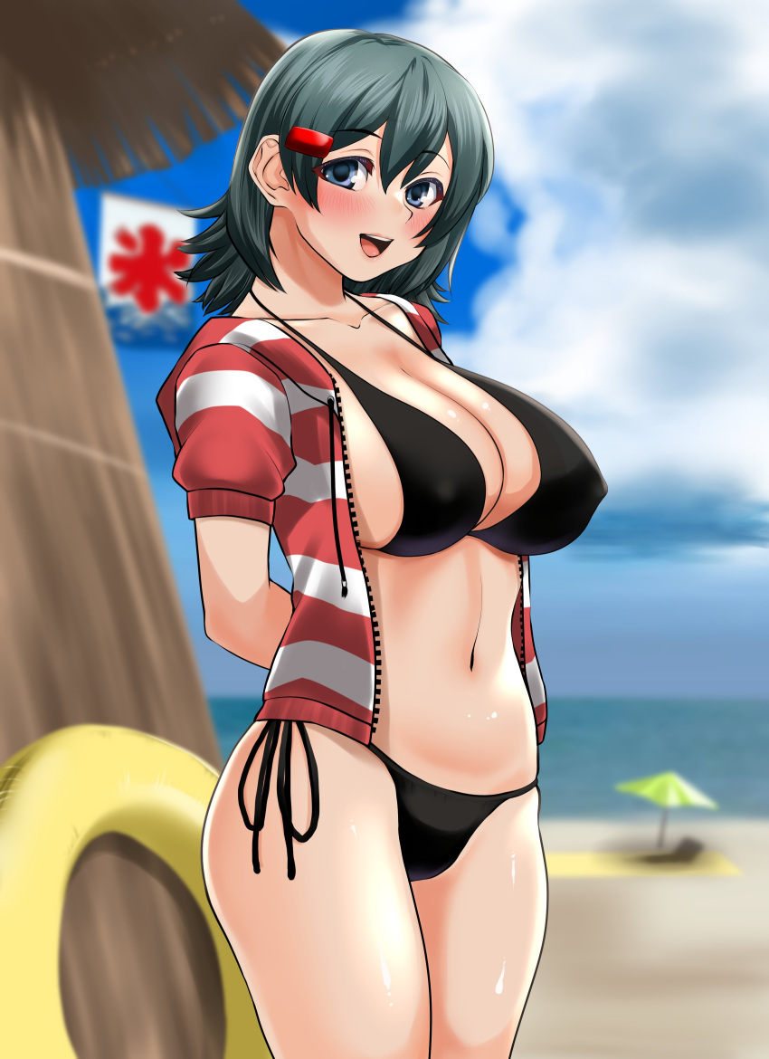 absurdres arms_behind_back beach bikini black_bikini blue_eyes blue_sky cloud cowboy_shot day female grey_eyes hair_ornament hairclip highres horizon innertube iroha_(samurai_spirits) jacket koinobori looking_at_viewer nanao_futaba ocean open_clothes open_jacket outdoors red_jacket samurai_spirits short_hair side-tie_bikini_bottom sky solo striped_clothes striped_jacket swim_ring swimsuit windsock