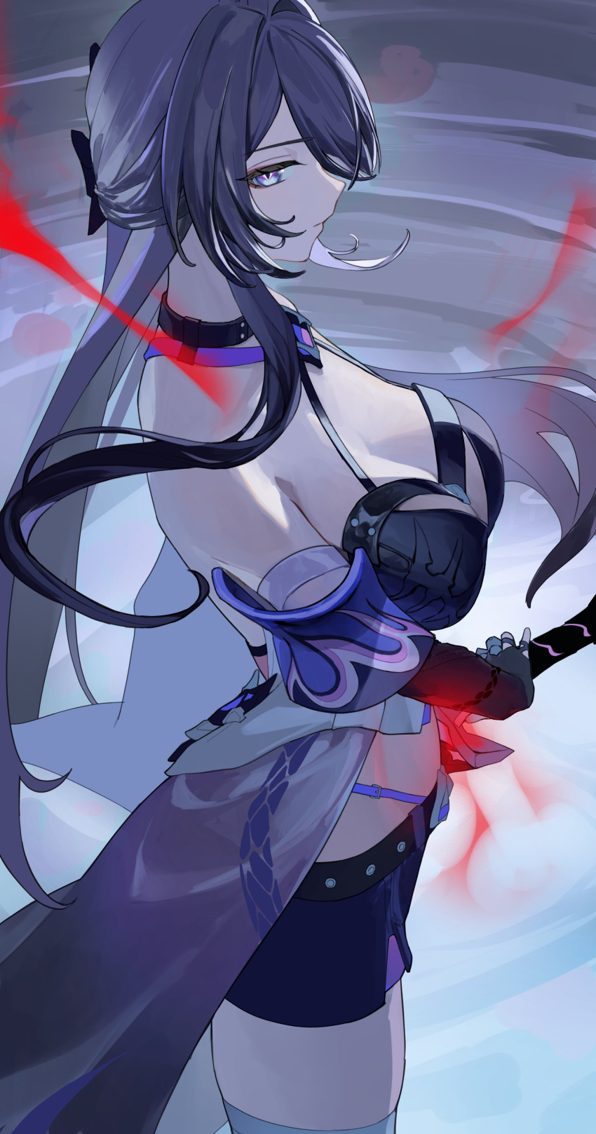 absurdres acheron_(honkai:_star_rail) bare_shoulders belt black_belt black_choker black_shorts breasts choker cleavage coat coattails commentary cowboy_shot diamond-shaped_pupils diamond_(shape) female from_side hair_ornament highres holding holding_sword holding_weapon honkai:_star_rail honkai_(series) large_breasts looking_at_viewer profile purple_eyes roena shorts solo standing sword symbol-shaped_pupils weapon white_coat