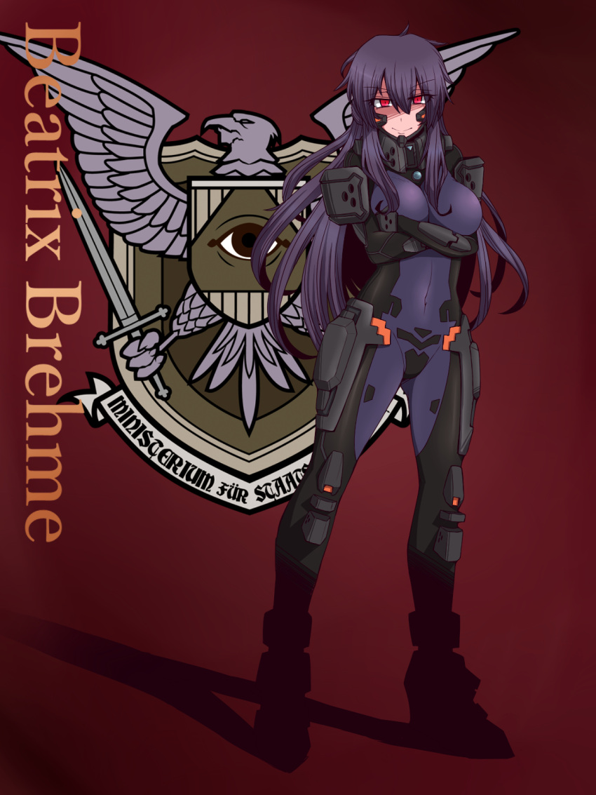 arms_under_breasts beatrix_bremer black_hair bodysuit boots breasts character_name closed_mouth commentary_request crossed_arms emblem female fortified_suit full_body german_text grey_bodysuit hair_between_eyes highres kuri_dora large_breasts long_bangs long_hair looking_at_viewer muv-luv muv-luv_alternative red_background red_eyes schwarzesmarken shaded_face skin_tight smile solo standing stasi sword very_long_hair weapon