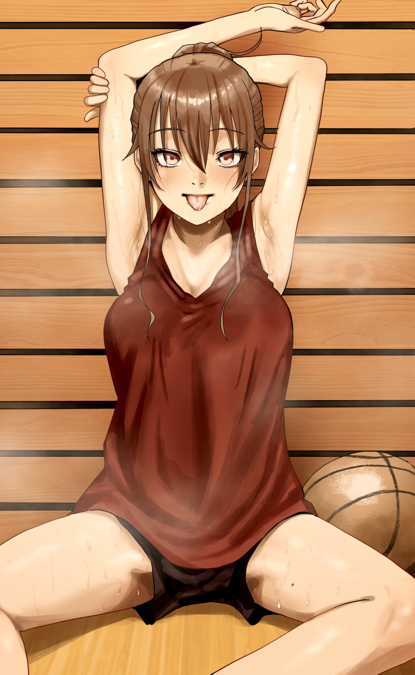 absurdres armpits arms_behind_head arms_up bad_id bad_pixiv_id ball basketball basketball_(object) basketball_uniform blush bowlegged_pose breasts brown_hair female groin_tendon gym gym_uniform hair_between_eyes hair_bun highres large_breasts looking_at_viewer mole mole_on_thigh on_floor original presenting_armpit red_eyes school_uniform shan9uli4 short_shorts shorts sidelocks sitting solo sportswear spread_legs steam steaming_body sweat sweat_stain sweaty_clothes tank_top tongue tongue_out very_sweaty