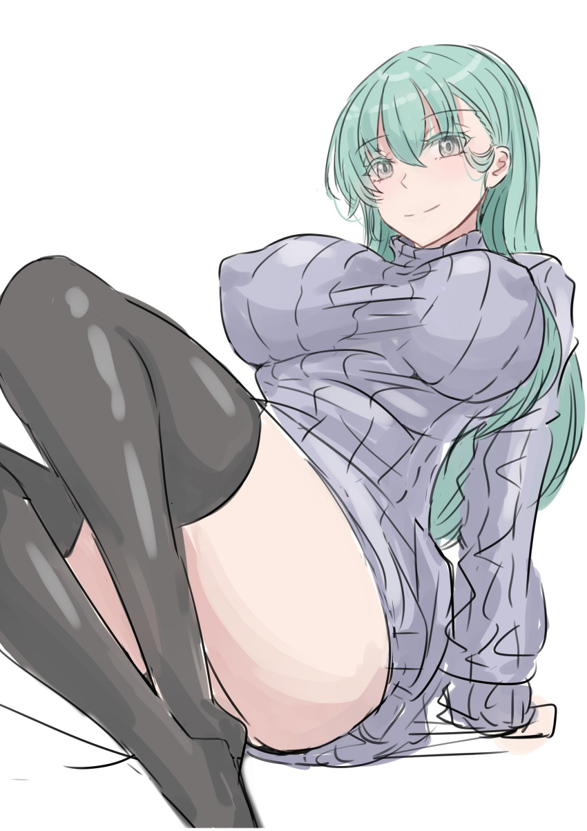 absurdres alternate_costume black_thighhighs breasts feet_out_of_frame female green_eyes grey_eyes grey_sweater highres kantai_collection ken_(shutenndouji1) large_breasts ribbed_sweater simple_background sitting smile solo suzuya_(kancolle) sweater thighhighs white_background