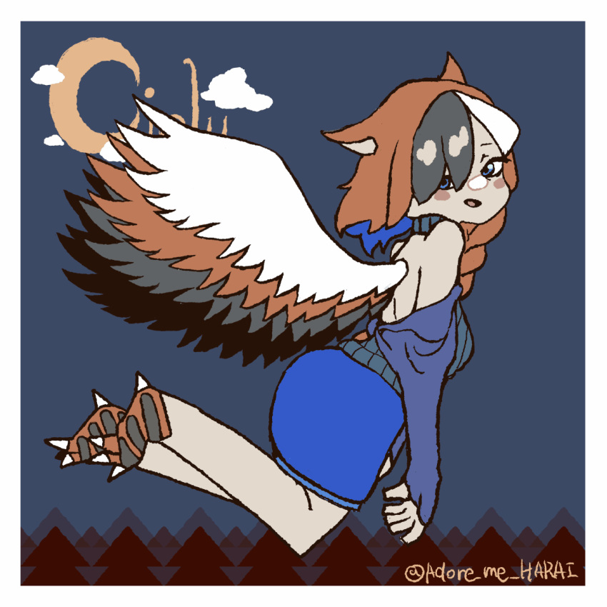 animal_ears animal_feet animated animated artist_name backless_outfit bird_legs bird_wings blue_background blue_eyes blue_hair blue_skirt blush_stickers braid brown_hair brown_wings claws cloud colored_inner_hair commission crescent_moon dot_harai estelle_(cieluscian) feathered_wings female flying full_body half-harpy halterneck highres long_hair long_sleeves looking_at_viewer monster_girl moon multicolored_hair night night_sky non-web_source open_mouth original second-party_source side_braid skeb_commission skirt sky solo streaked_hair white_hair white_wings wings