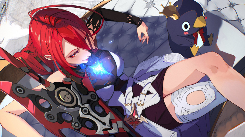 absurdres blue_fire breasts couch crossed_legs elizabeth_rose_bloodflame female fire from_above highres hololive hololive_english large_breasts long_hair moyomo red_eyes red_hair red_lips red_nails sitting solo stuffed_animal stuffed_penguin stuffed_toy sword very_long_hair virtual_youtuber weapon