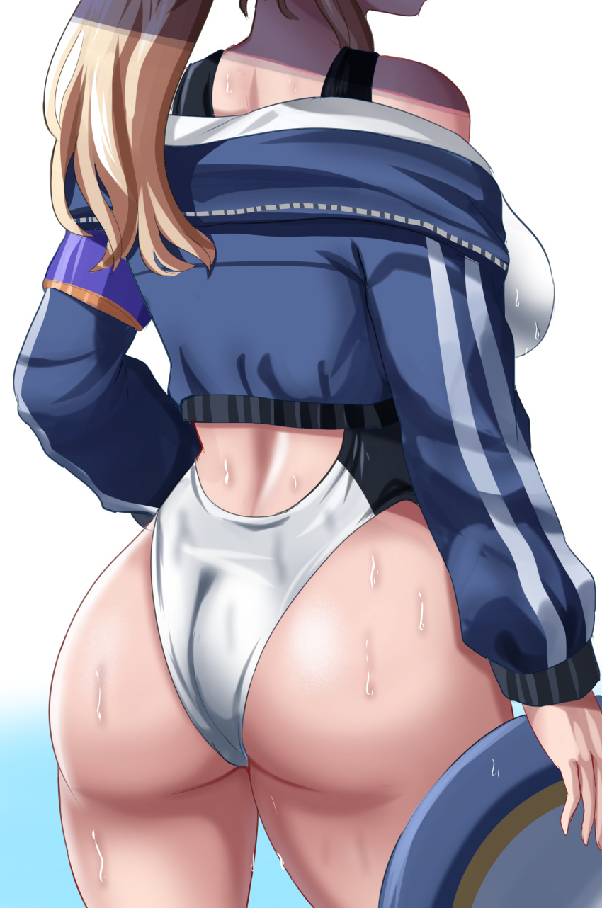 absurdres ass ass_focus back_cutout bare_shoulders blonde_hair blue_archive blue_jacket breasts clothing_cutout competition_swimsuit cropped_jacket drie female from_behind head_out_of_frame highres jacket kanna_(blue_archive) kanna_(swimsuit)_(blue_archive) large_breasts long_hair off_shoulder one-piece_swimsuit open_clothes open_jacket solo swimsuit wet white_one-piece_swimsuit zipper