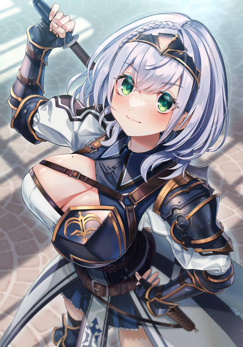 armor armored_dress belt black_gloves black_thighhighs blurry braid breasts brown_belt chest_guard chest_harness chest_strap cleavage cleavage_cutout clothing_cutout collared_dress day depth_of_field double-parted_bangs dress female fingerless_gloves from_above gloves greaves green_eyes grey_hair hair_between_eyes hand_on_own_hip harness highres holding holding_mace holding_weapon hololive huge_breasts leather_belt looking_at_viewer looking_up mace medium_hair mile_t0r0 mole mole_on_breast pauldrons pelvic_curtain pleated_dress puffy_sleeves shirogane_noel shirogane_noel_(1st_costume) short_dress shoulder_armor single_pauldron solo standing tabard thighhighs tiara v-shaped_eyebrows vambraces virtual_youtuber waist_cape weapon