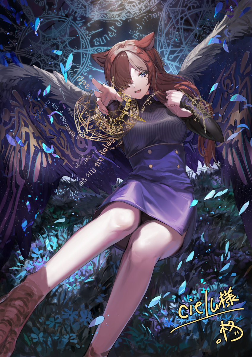 absurdres animal_ears animal_feet bird_legs bird_wings black_sweater brown_hair brown_wings commission estelle_(cieluscian) falling_petals feathered_wings female foot_out_of_frame grass hair_over_one_eye half-harpy high-waist_skirt highres long_hair long_sleeves looking_at_viewer monster_girl multicolored_hair non-web_source open_mouth original petals purple_eyes purple_skirt reaching reaching_towards_viewer second-party_source side_slit skeb_commission skirt solo streaked_hair sweater turtleneck turtleneck_sweater wings