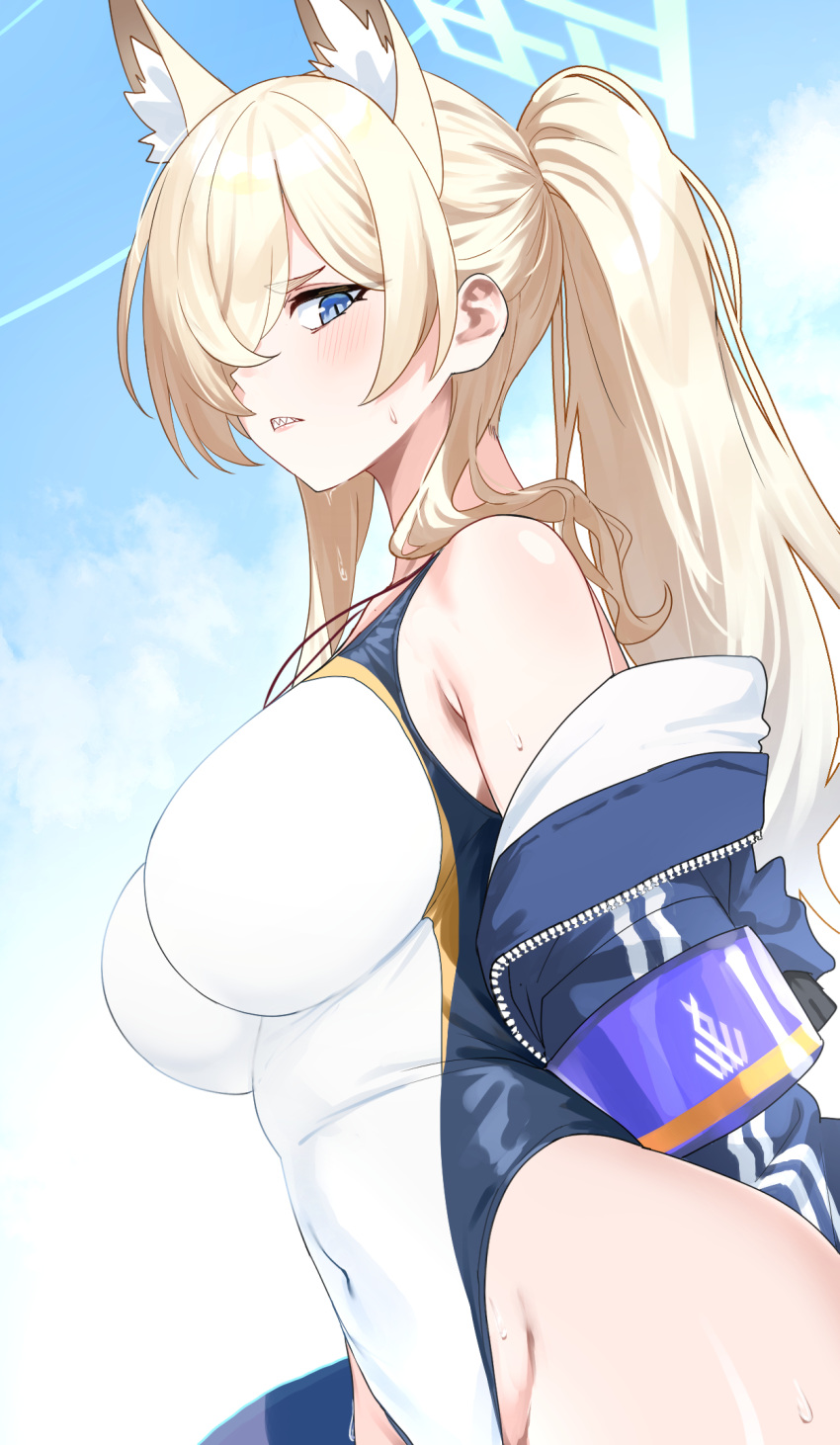 animal_ear_fluff animal_ears black_jacket blonde_hair blue_archive blue_eyes blue_halo blush breasts clenched_teeth competition_swimsuit covered_navel cowboy_shot dog_ears female groin hair_over_one_eye halo highres jacket kanna_(blue_archive) kanna_(swimsuit)_(blue_archive) large_breasts long_hair looking_at_viewer nonbire official_alternate_costume one-piece_swimsuit open_clothes open_jacket sharp_teeth solo swimsuit teeth wet white_one-piece_swimsuit