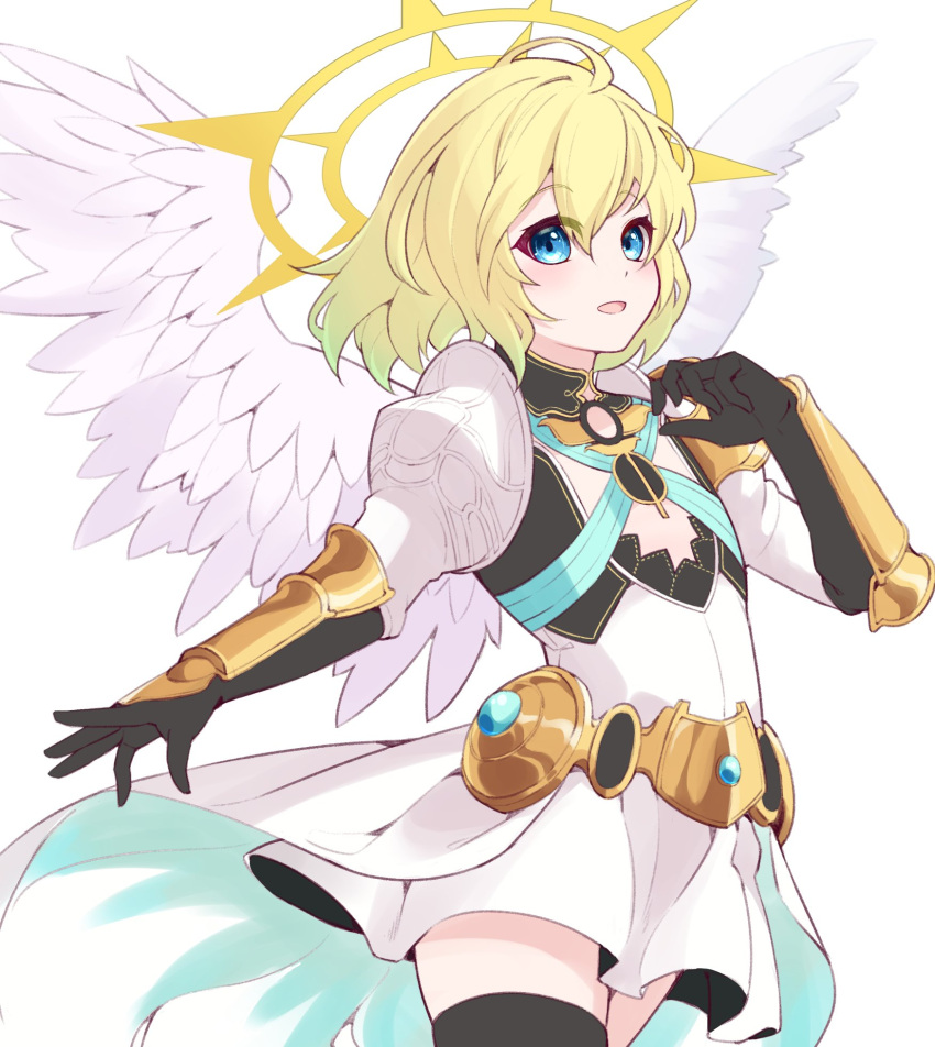 angel angel_wings armor black_gloves black_thighhighs blonde_hair blue_eyes blue_gemstone blush commentary cowboy_shot dress feathered_wings female gem gloves gold_armor gradient_hair green_hair halo highres looking_at_viewer medium_hair multicolored_hair niel_(sennen_sensou_aigis) open_mouth pauldrons sennen_sensou_aigis shoulder_armor sideways_glance simple_background solo thighhighs vambraces white_armor white_background white_dress wings yamasan_subac yellow_halo