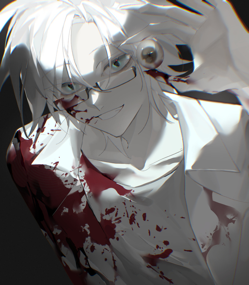 1boy black_background blood blood_on_clothes blood_on_face blood_on_hands blue_eyes chinese_commentary chromatic_aberration collarbone commentary_request eyeball grin helly_(helly56956) highres holding holding_eyeball kanou_aogu lab_coat male_focus open_clothes pale_skin saibou_shinkyoku shirt short_hair simple_background smile solo upper_body white_hair white_shirt