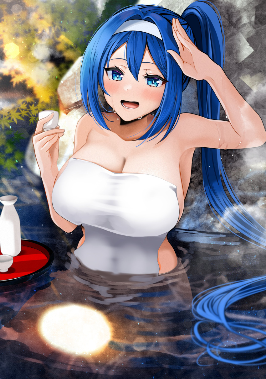 absurdres alyssa_(specktech) bare_shoulders blue_eyes blue_hair blurry blurry_background blush borrowed_character breasts cleavage collarbone commentary commission cup english_commentary female hairband highres holding holding_cup large_breasts long_hair looking_at_viewer naked_towel on_water onsen open_mouth original paid_reward_available phantasy_star phantasy_star_online_2 ponytail rock salute second-party_source sitting skeb_commission smile solo steam sweat towel tray water wet white_hairband yunamaro