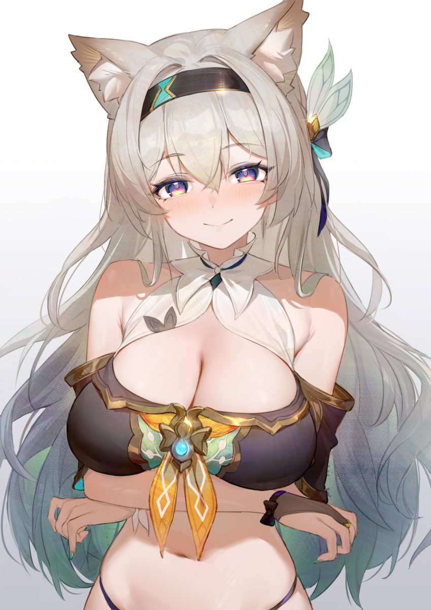 absurdres animal_ear_fluff animal_ears bare_shoulders black_hairband breasts cat_ears cleavage female firefly_(honkai:_star_rail) gradient_background grey_background grey_hair hairband highres honkai:_star_rail honkai_(series) kemonomimi_mode large_breasts long_hair looking_at_viewer midriff navel neckerchief purple_eyes saw272 smile solo stomach upper_body very_long_hair yellow_neckerchief