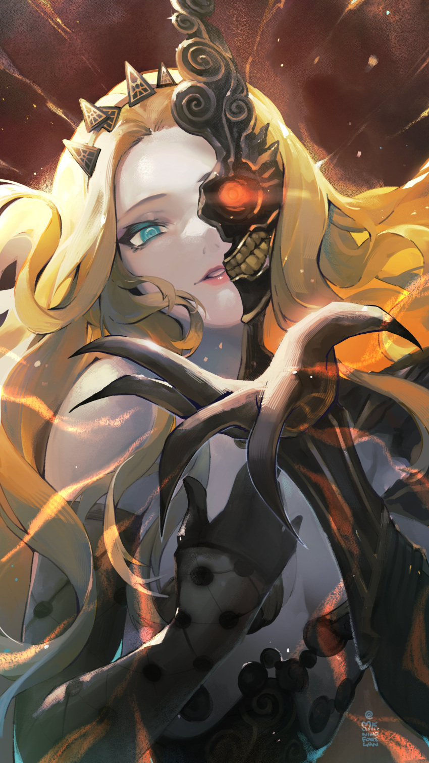 absurdres black_skin blonde_hair blue_eyes breasts colored_skin eyelashes female fingernails gold_trim hand_on_own_chest highres long_hair looking_at_viewer mkiiiiii naamah_(megami_tensei) parted_lips reaching reaching_towards_viewer red_eyes sharp_fingernails shin_megami_tensei shin_megami_tensei_v shin_megami_tensei_v:_vengeance small_breasts smile solo teeth upper_body white_skin