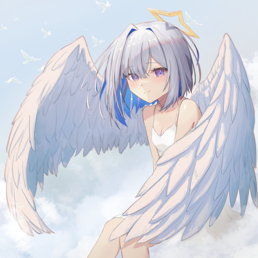 absurdres amane_kanata angel angel_wings bare_shoulders bird blue_hair blue_sky blush bob_cut breasts cleavage closed_mouth cloud collarbone colored_inner_hair commentary dress feathered_wings feet_out_of_frame female floating_hair flying from_side hair_intakes hair_over_one_eye halo highres hololive iuuu_ru knees_together_feet_apart light_blush light_smile looking_at_viewer looking_to_the_side making-of_available multicolored_hair on_cloud pink_hair purple_eyes short_dress short_hair sky sleeveless sleeveless_dress small_breasts smile solo star_halo streaked_hair sundress v_arms virtual_youtuber white_bird white_dress white_hair white_wings wings