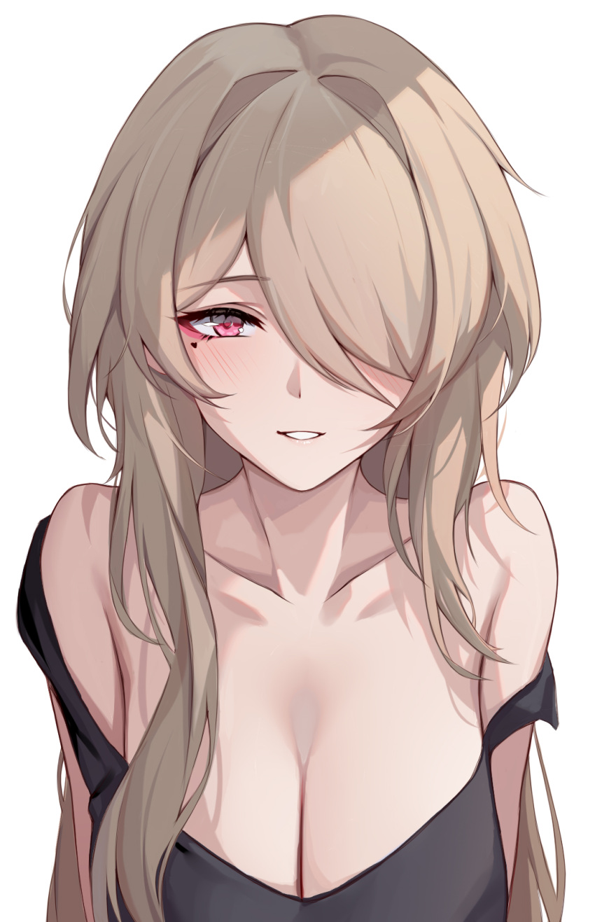 bare_shoulders black_shirt black_tank_top blush breasts brown_hair chinese_commentary cleavage collarbone commentary_request female hair_over_one_eye heart highres honkai_(series) honkai_impact_3rd large_breasts long_bangs long_hair looking_at_viewer mole mole_under_eye official_alternate_hair_length official_alternate_hairstyle parted_lips purple_eyes rita_rossweisse ruo_zhishi_chu_jian shirt simple_background smile solo strap_slip tank_top teeth upper_body white_background