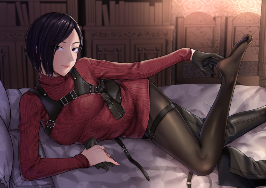 ada_wong belt black_footwear black_gloves black_hair black_pantyhose bob_cut boots breasts brown_eyes closed_mouth dress feet female foot_out_of_frame foot_up gloves gun handgun holding holding_clothes holding_gloves holster indoors kyuuso_inukami large_breasts legs lips looking_at_viewer lying on_bed on_side pantyhose red_sweater resident_evil resident_evil_4 resident_evil_4_(remake) short_hair shoulder_holster single_thigh_boot smile solo sweater sweater_dress thigh_belt thigh_boots thigh_strap toes turtleneck turtleneck_sweater unworn_boots unworn_gloves weapon