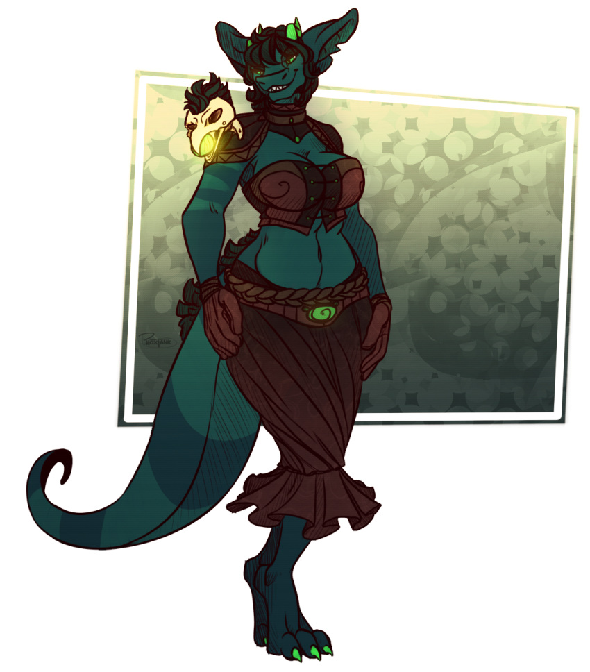 anthro big_breasts biped breasts claws clothing digital_media_(artwork) dragon female glowing glowing_horn glowing_nails hair hi_res horn magic_user miss_m monster mythological_creature mythological_scalie mythology necromancer scalie shestaroo solo tail tanks_(artist) witch_costume