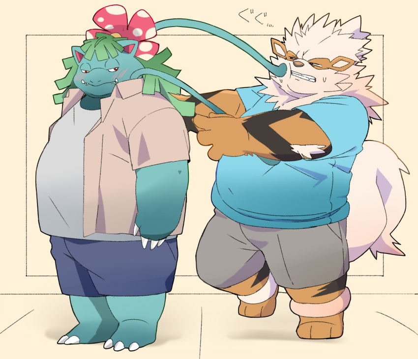 2024 anthro anthrofied arcanine belly biped blue_body blush bottomwear clothing duo generation_1_pokemon hi_res inunoshippo kemono male nintendo orange_body overweight overweight_male pokemon pokemon_(species) shirt shorts topwear venusaur