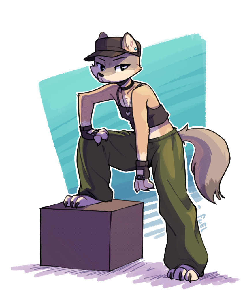 2024 anthro barefoot big_pant_or_big_jakt_(meme) biped bottomwear box brown_body brown_fur canid canine cheek_tuft chest_tuft choker claws clothed clothing container crop_top ear_piercing ear_stud facial_tuft feet female finger_claws fingerless_gloves fox fuel_(artist) fur furgonomic_hat furgonomic_headwear furgonomics gloves gloves_(marking) grey_body grey_fur handwear hat headgear headwear heart_necklace hi_res inner_ear_fluff jewelry looking_at_viewer mammal markings meme necklace outline pants piercing shirt signature simple_background solo swift_fox tan_body tan_fur tank_top taylor_(fuel) toe_claws topwear true_fox tuft white_background white_outline