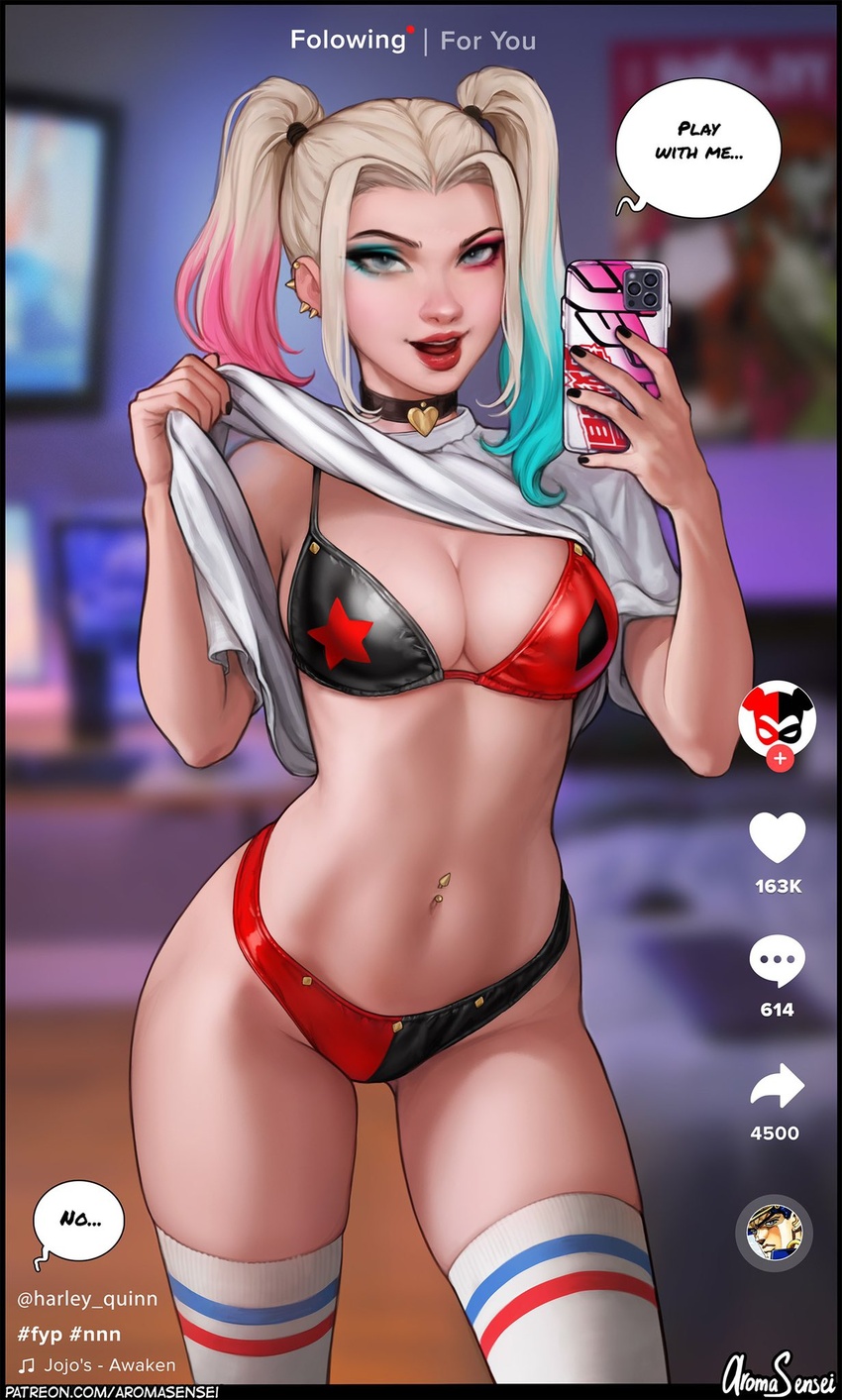 1girls aroma_sensei batman_(series) big_breasts blonde_hair blue_eyeshadow blue_hair bra breasts dc dc_comics dyed_hair female female_only fully_clothed harley_quinn panties pigtails pink_eyeshadow pink_hair selfie smartphone socks solo solo_female suicide_squad thick_thighs thigh_gap thigh_socks three_tone_hair two_tone_bra two_tone_panties