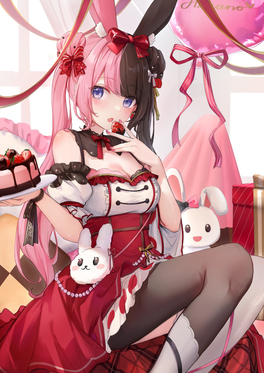 animal_ear_fluff animal_ears asymmetrical_legwear blunt_bangs blush bow bowtie breasts brown_hair cake chocolate_cake cleavage commentary_request eating fake_animal_ears female food fruit hair_bun hairbow highres holding holding_food holding_fruit holding_tray indoors iris_black_games long_hair looking_at_viewer mismatched_legwear multicolored_hair nail_polish parted_lips pink_bow pink_hair pink_nails puffy_short_sleeves puffy_sleeves purple_eyes red_bow red_bowtie red_ribbon ribbon short_sleeves single_leg_pantyhose single_thighhigh solo split-color_hair strawberry_cake tachibana_hinano_(4th_costume) tachibana_hinano_(vtuber) thighhighs touri_tarou_(misconception) tray two-tone_hair virtual_youtuber vspo! white_thighhighs