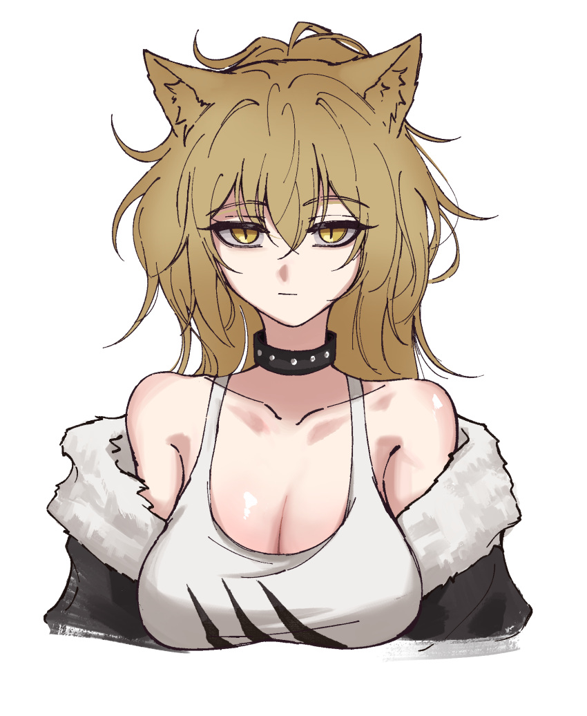 animal_ears arknights bad_id bad_pixiv_id black_collar black_jacket breasts brown_hair cleavage collar commentary female fur-trimmed_jacket fur_trim highres jacket korean_commentary large_breasts lion_ears lion_girl off_shoulder petra_(jgc845601) siege_(arknights) simple_background solo studded_collar tank_top upper_body white_background white_tank_top yellow_eyes