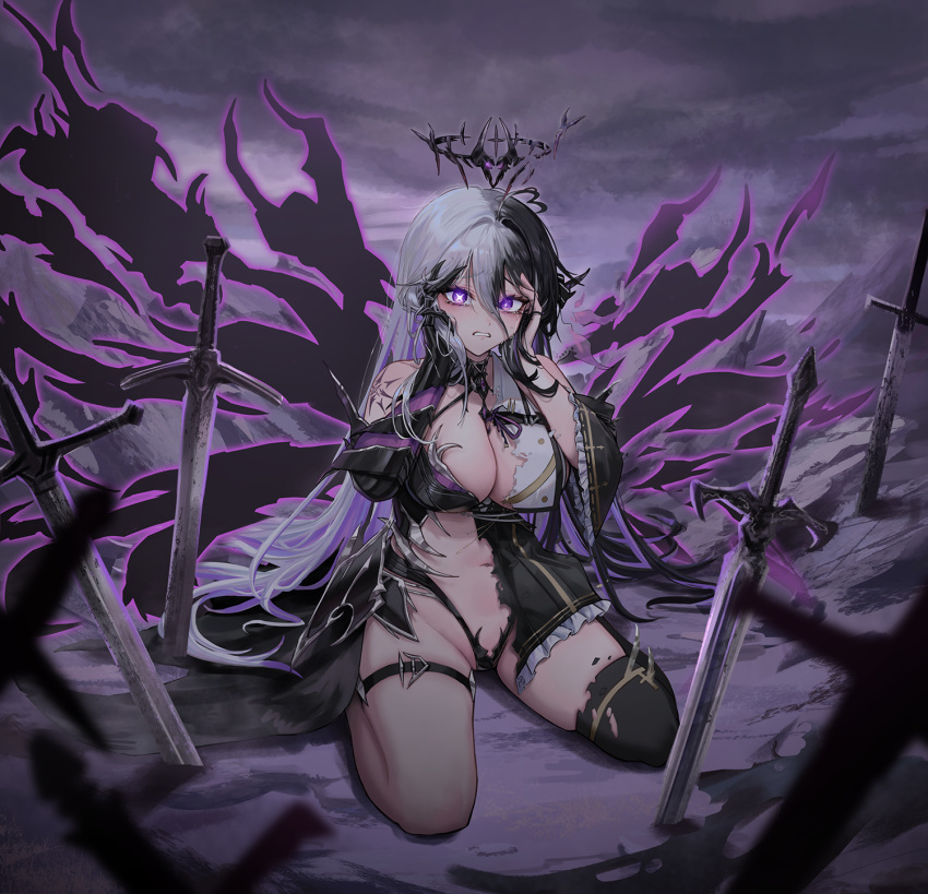 +_+ ahoge armor bare_shoulders black_dress black_hair black_panties black_thighhighs black_wings breasts broken_armor cleavage clenched_teeth cloud cloudy_sky crown detached_sleeves dress energy_wings female frilled_dress frilled_sleeves frills full_body gauntlets grey_hair hands_on_own_cheeks hands_on_own_face highres large_breasts long_hair merumeko multicolored_hair navel original panties planted planted_sword purple_eyes single_detached_sleeve single_gauntlet single_thighhigh sitting sky solo sword teeth thigh_strap thighhighs torn_clothes torn_dress two-tone_hair underwear very_long_hair wariza weapon wide_sleeves wings