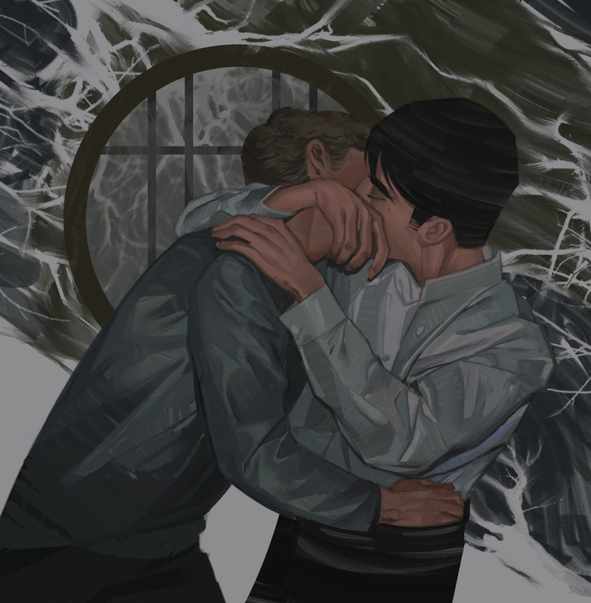 2boys abstract_background alyxwal arm_around_waist arms_around_neck artemy_burakh black_hair black_pants blonde_hair closed_eyes couple daniil_dankovsky grey_shirt hand_under_clothes kissing male_focus mole mole_under_eye multiple_boys pants pathologic pathologic_2 shirt short_hair sideburns thick_eyebrows white_shirt yaoi